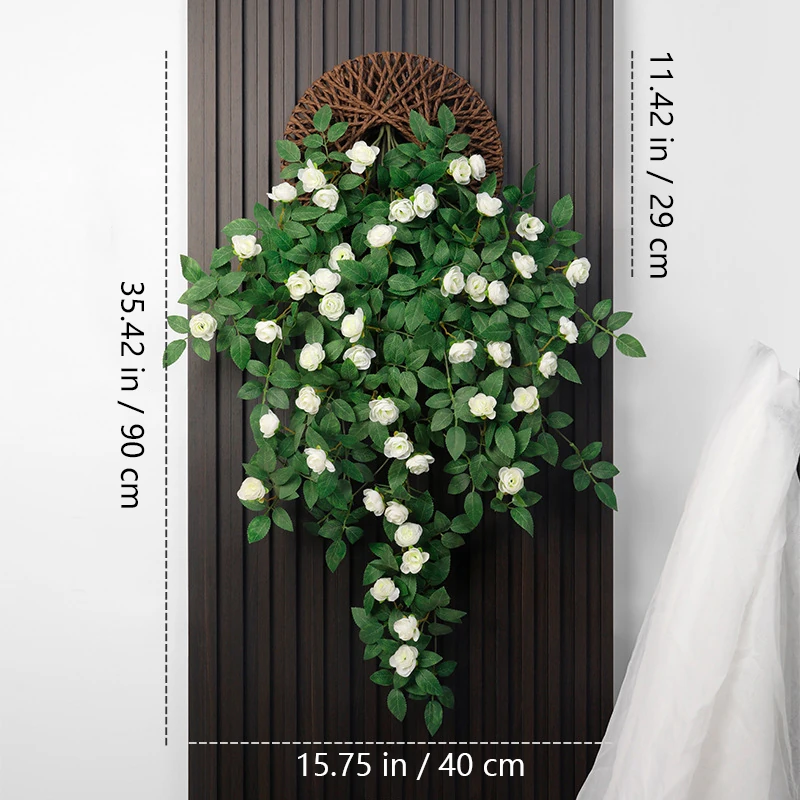 Size diagram for white artificial rose wall hanging basket