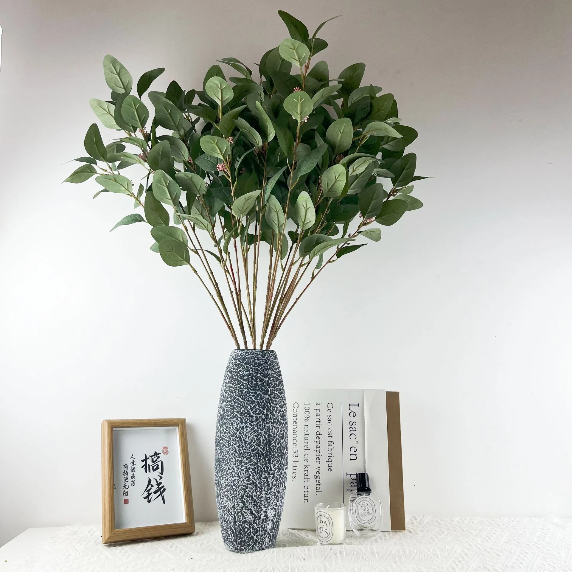 Artificial Seeded Eucalyptus Branch displayed for vase