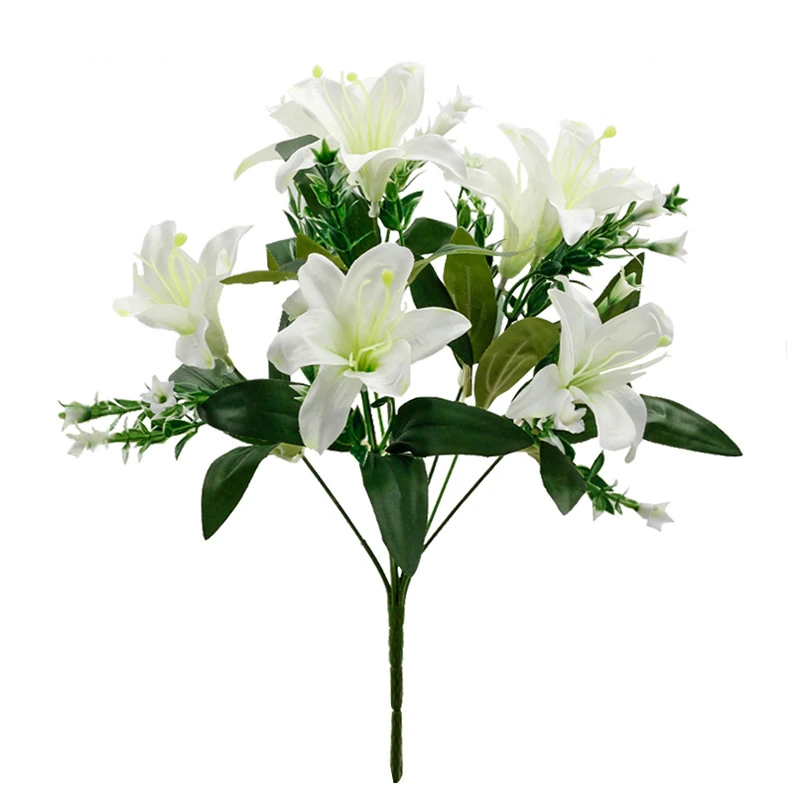White artificial Seven-Head Lily Flower Bush, 40 cm