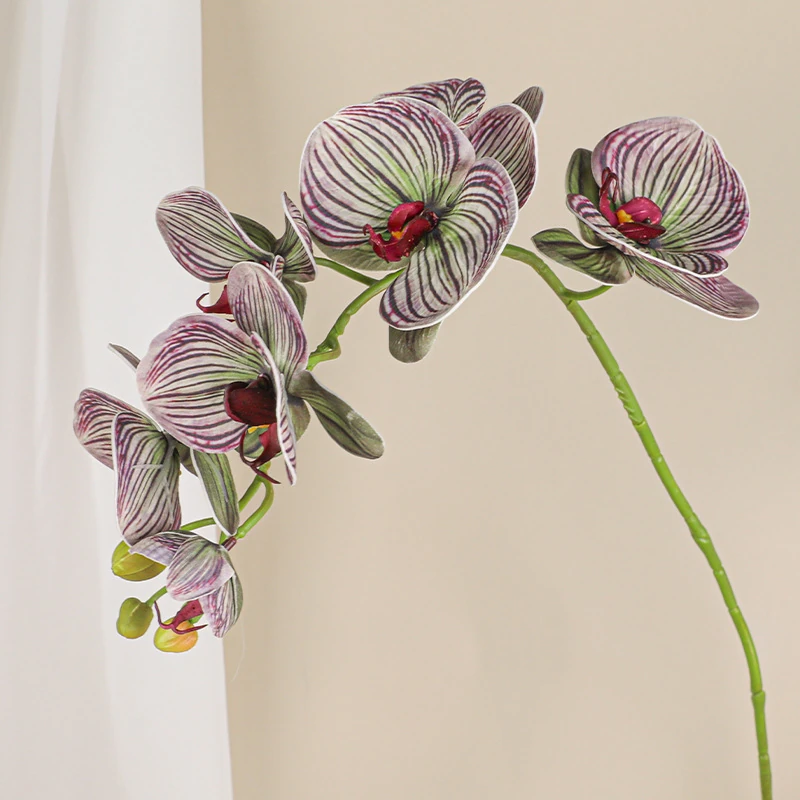 Alternate view of striped purple artificial seven-head phalaenopsis orchid stem