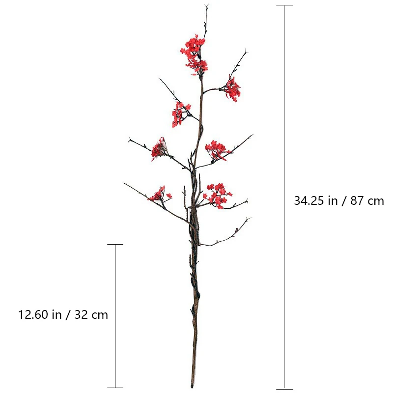 Size diagram for red artificial small blossom branch