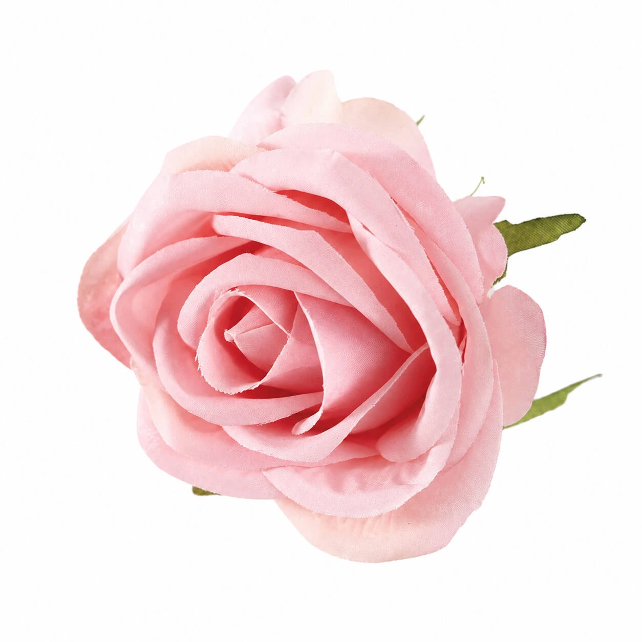 Pink artificial soft-petal rose flower head on a white background, 8 cm
