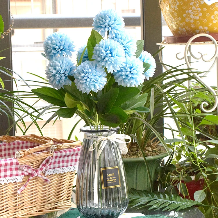 Blue artificial Ten-Head Pompon Flower Bouquet arranged for decorative display
