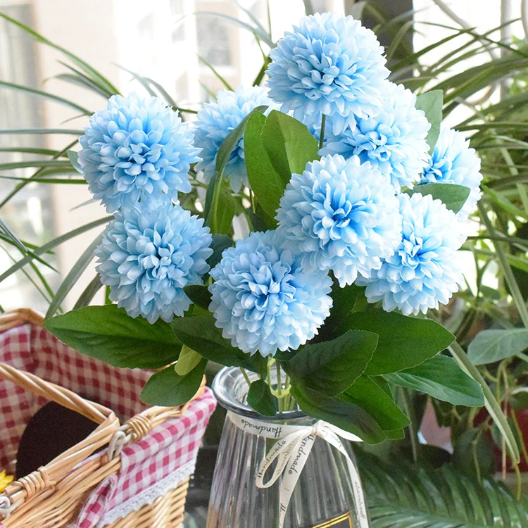 Blue artificial Ten-Head Pompon Flower Bouquet, 49 cm
