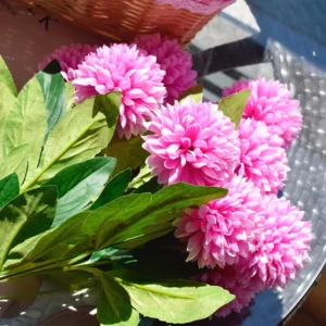 Hot Pink artificial Ten-Head Pompon Flower Bouquet arranged for decorative display