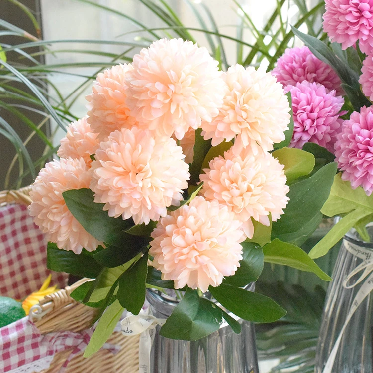 Peach artificial Ten-Head Pompon Flower Bouquet arranged for decorative display