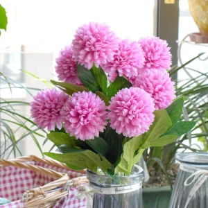Pink artificial Ten-Head Pompon Flower Bouquet arranged for decorative display