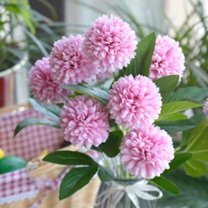 Pink artificial Ten-Head Pompon Flower Bouquet arranged for decorative display