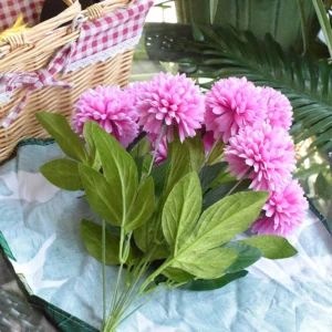 Side view of pink artificial Ten-Head Pompon Flower Bouquet