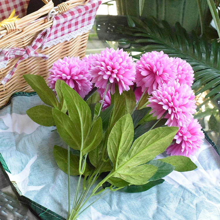 Side view of pink artificial Ten-Head Pompon Flower Bouquet