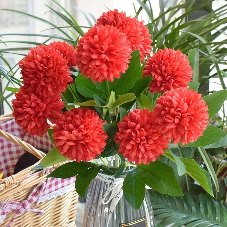Red artificial Ten-Head Pompon Flower Bouquet arranged for decorative display