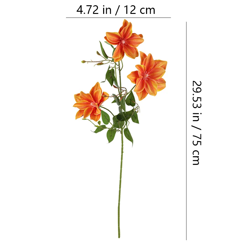 Size diagram for artificial three-head clematis flower stem, 75 cm