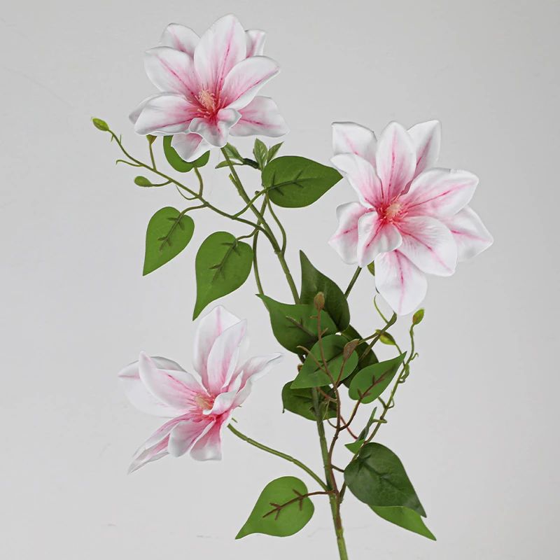 Pink artificial three-head clematis flower stem
