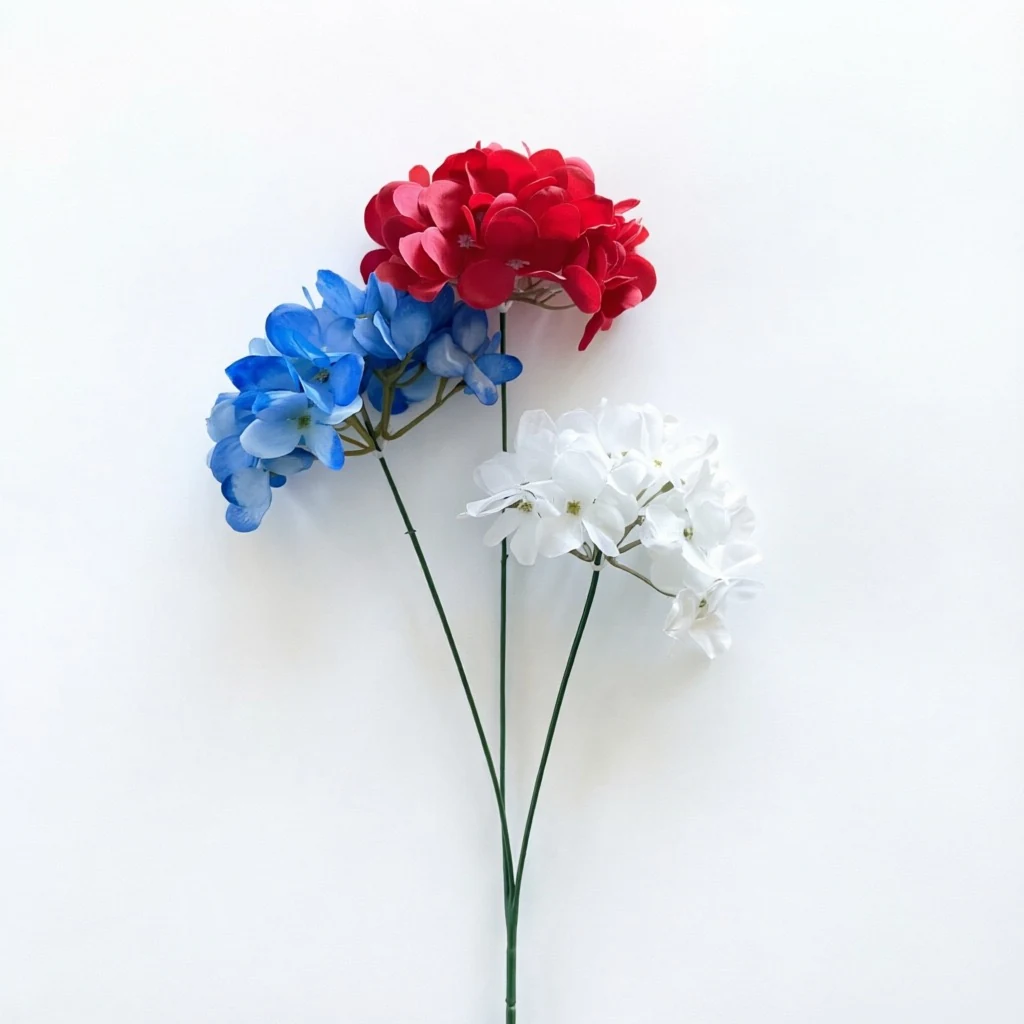 Alternate view of red, blue and white artificial hydrangea spray