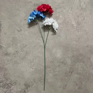 Full-length artificial hydrangea spray with red, blue and white flower heads