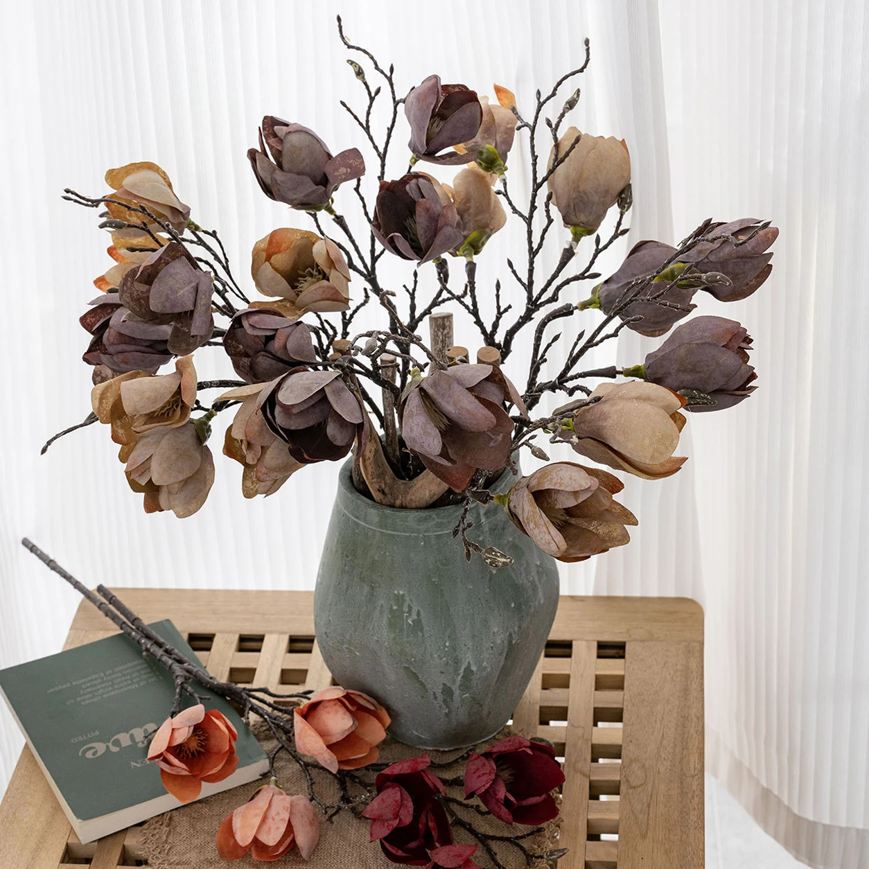 Application display of brown artificial three-head magnolia branch