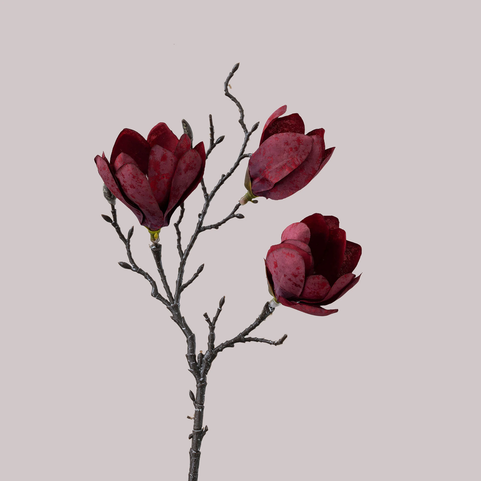 Alternate view of burgundy artificial three-head magnolia branch