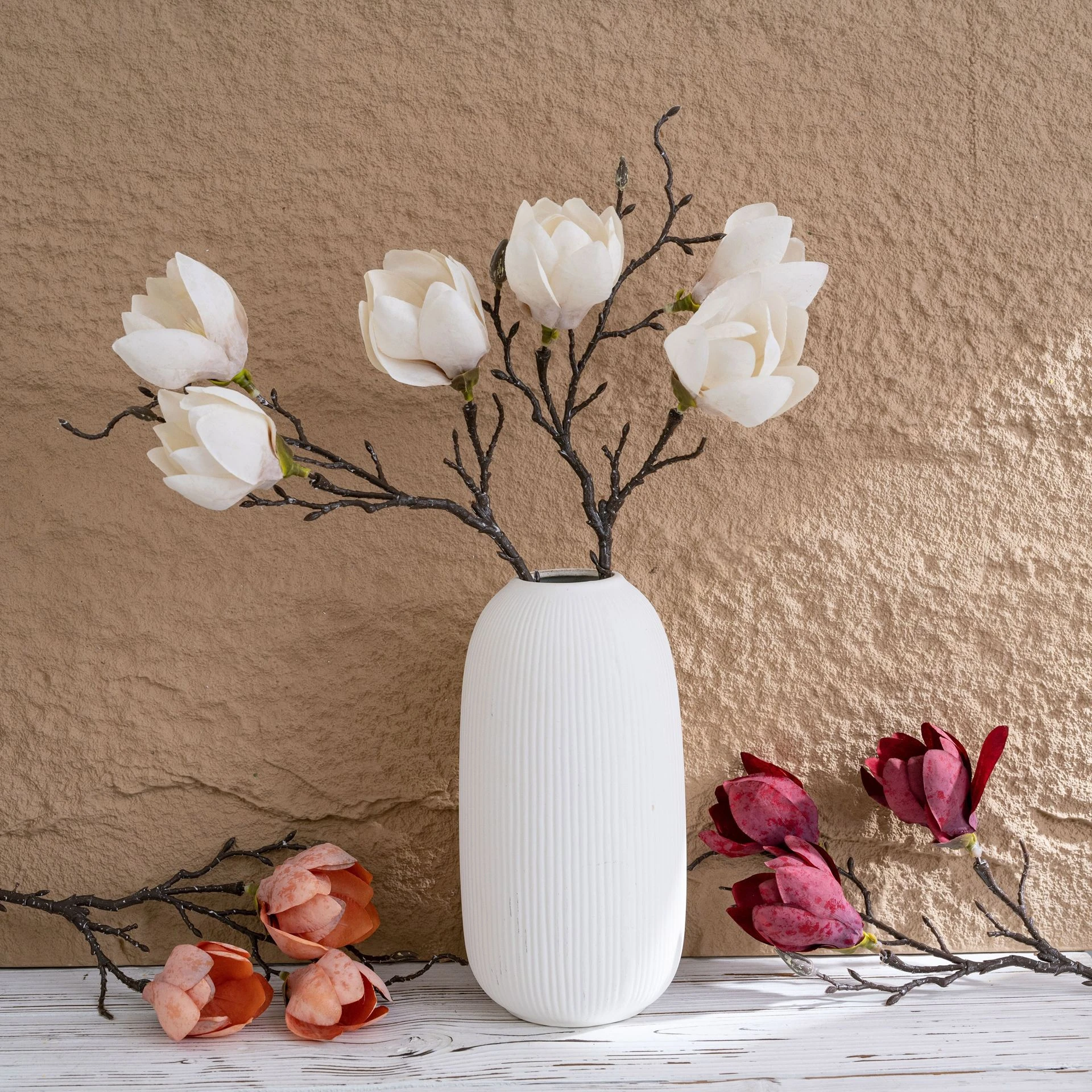Application display of white artificial three-head magnolia branch