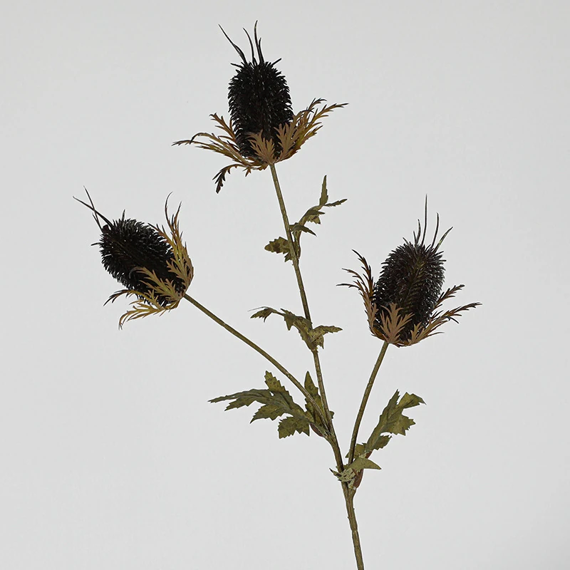 Black artificial three-head teasel flower stem