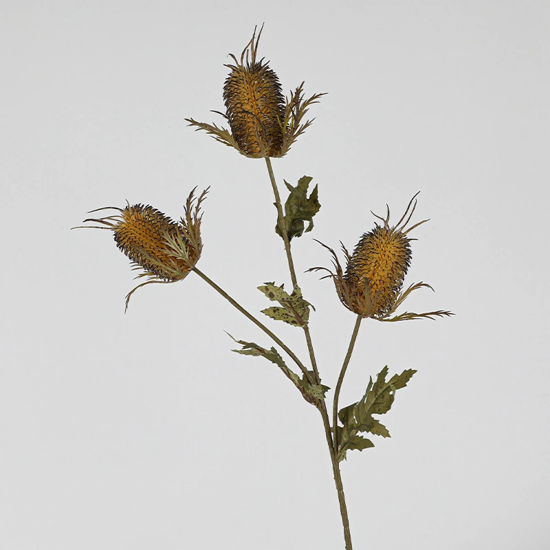 Alternate view of brown artificial three-head teasel flower stem