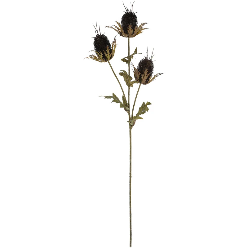 Brown artificial three-head teasel flower stem
