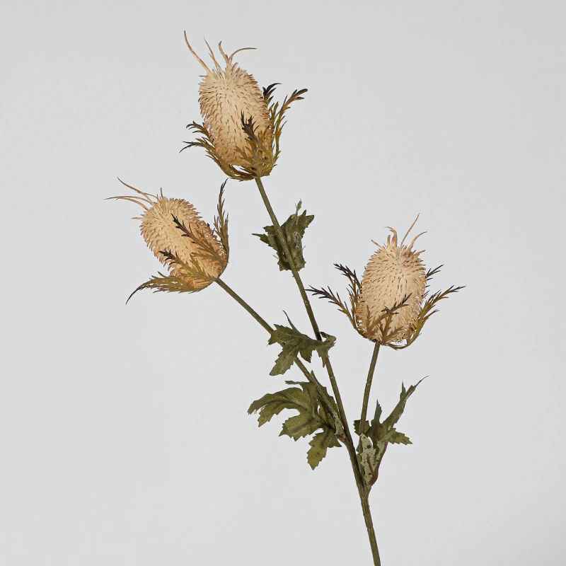 Cream artificial three-head teasel flower stem