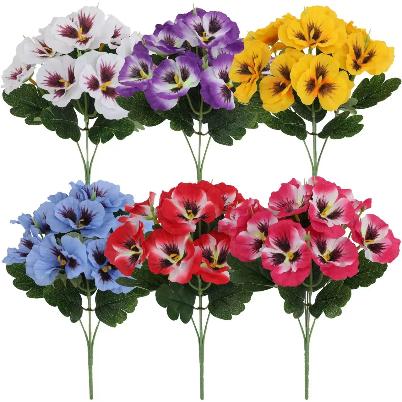 Six color options for artificial two-tone pansy flower bushes