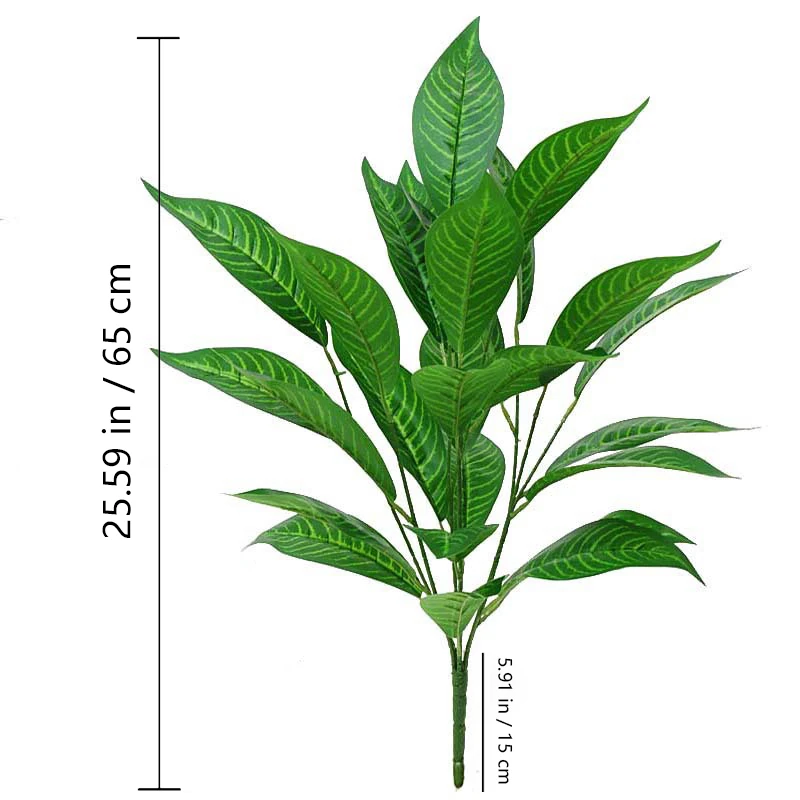 Size diagram for broad green leaf artificial variegated foliage bush collection