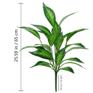 Size diagram for glossy lance leaf artificial variegated foliage bush collection