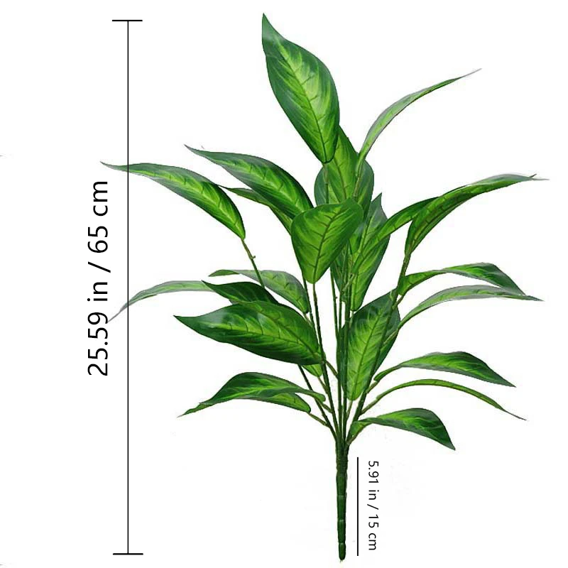 Size diagram for glossy lance leaf artificial variegated foliage bush collection