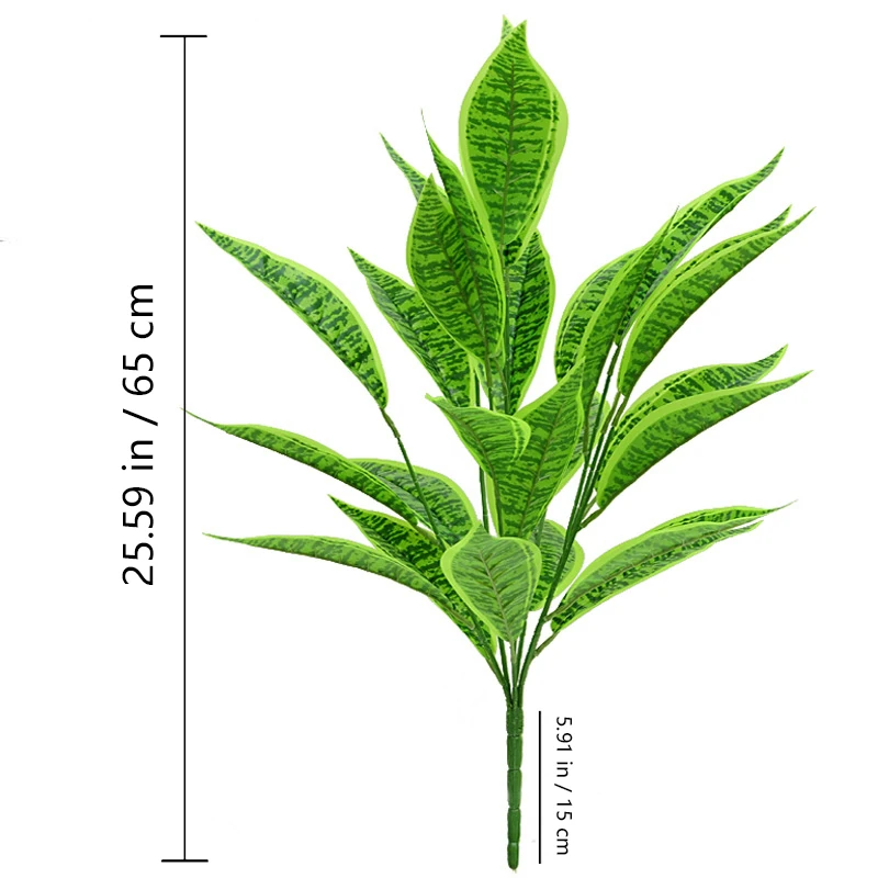Size diagram for speckled upright leaf artificial variegated foliage bush collection