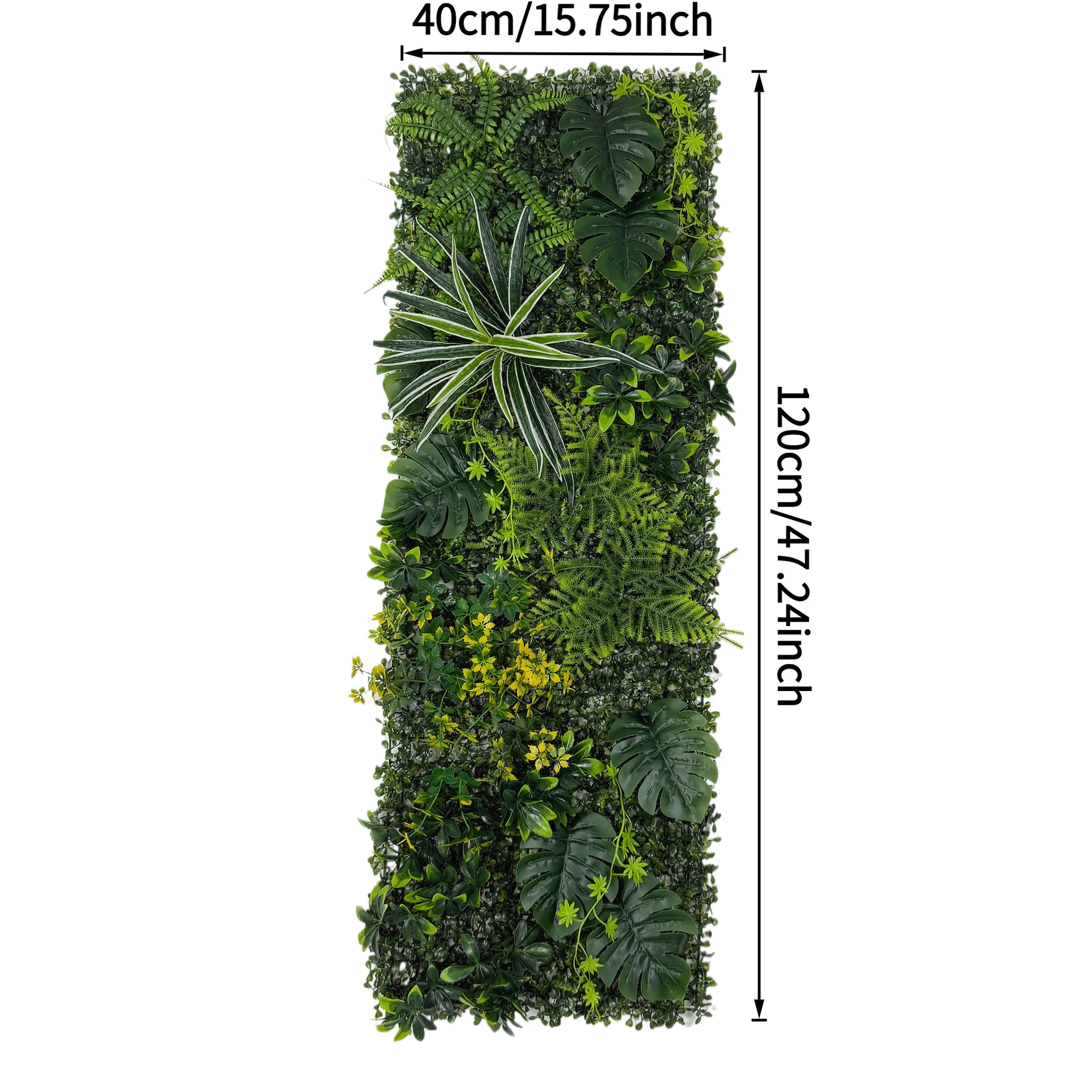 Size diagram for artificial vertical garden panel collection, broad leaf mix