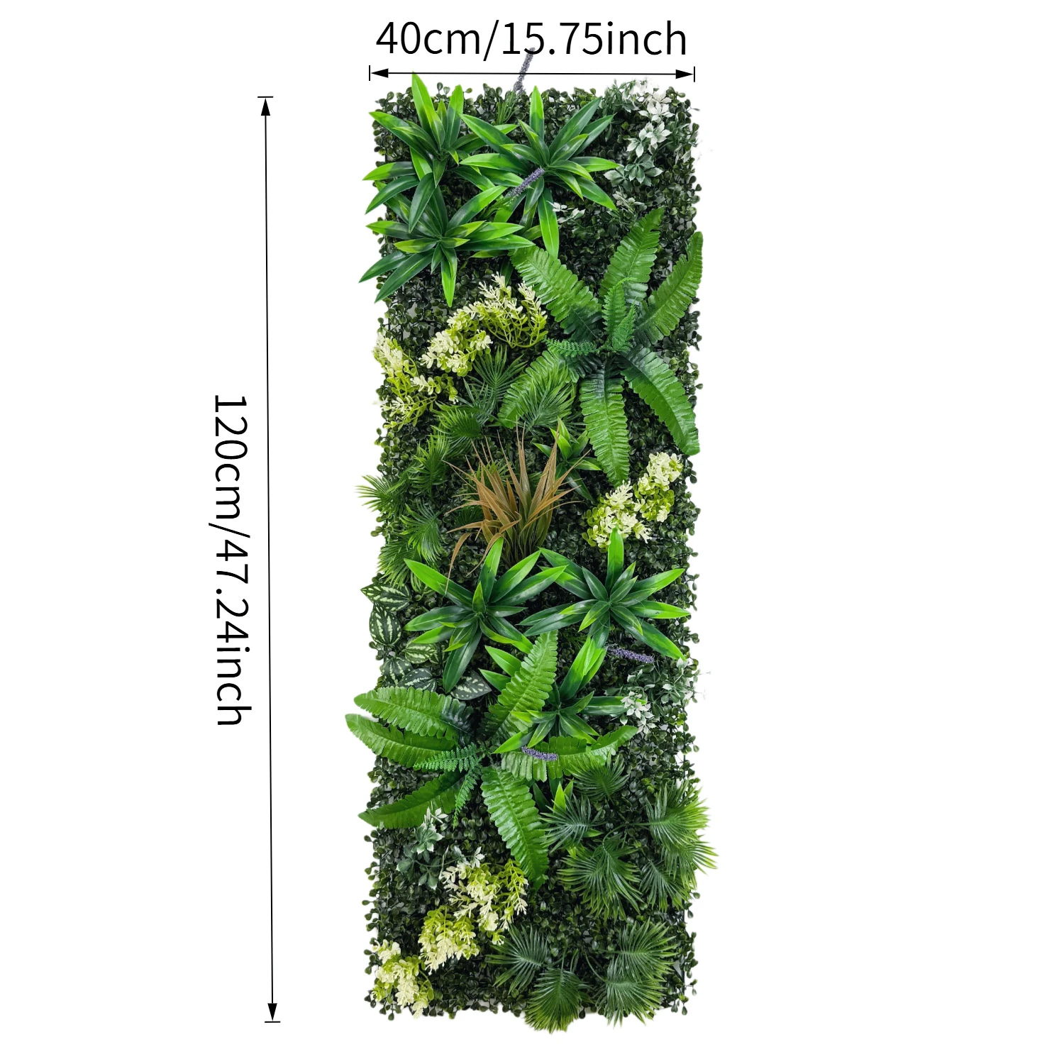 Size diagram for artificial vertical garden panel collection, dark foliage mix