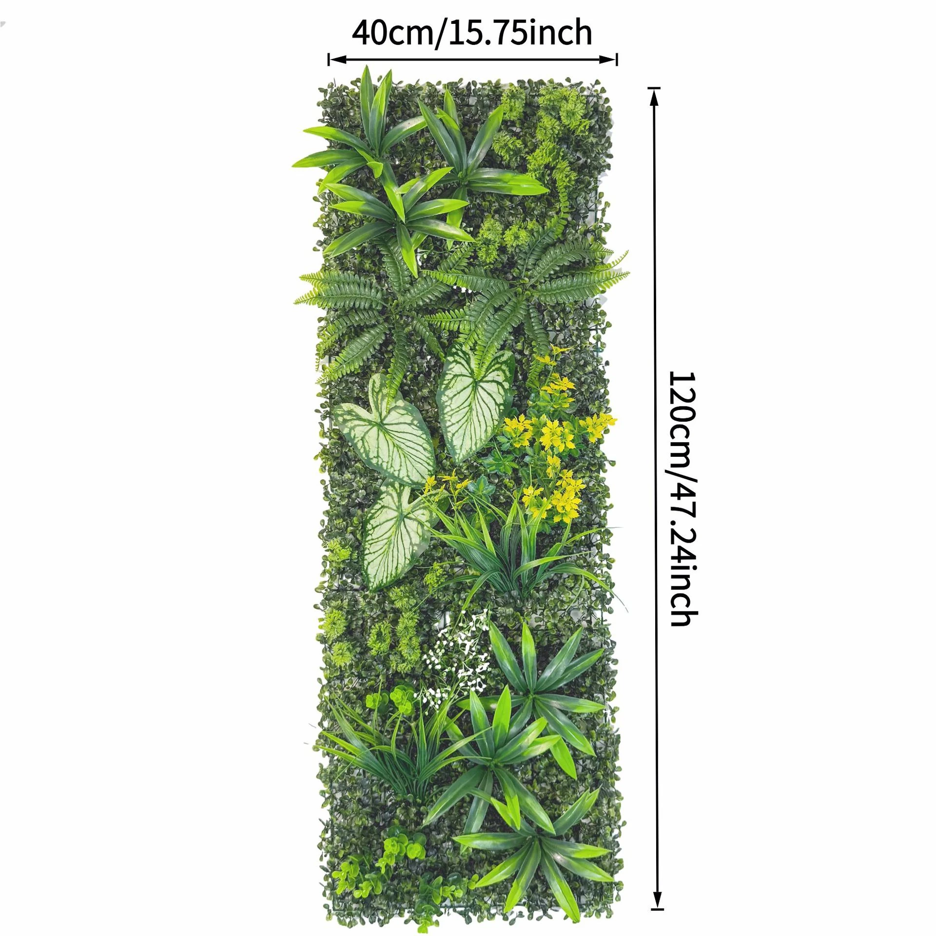 Size diagram for artificial vertical garden panel collection, dense fern mix