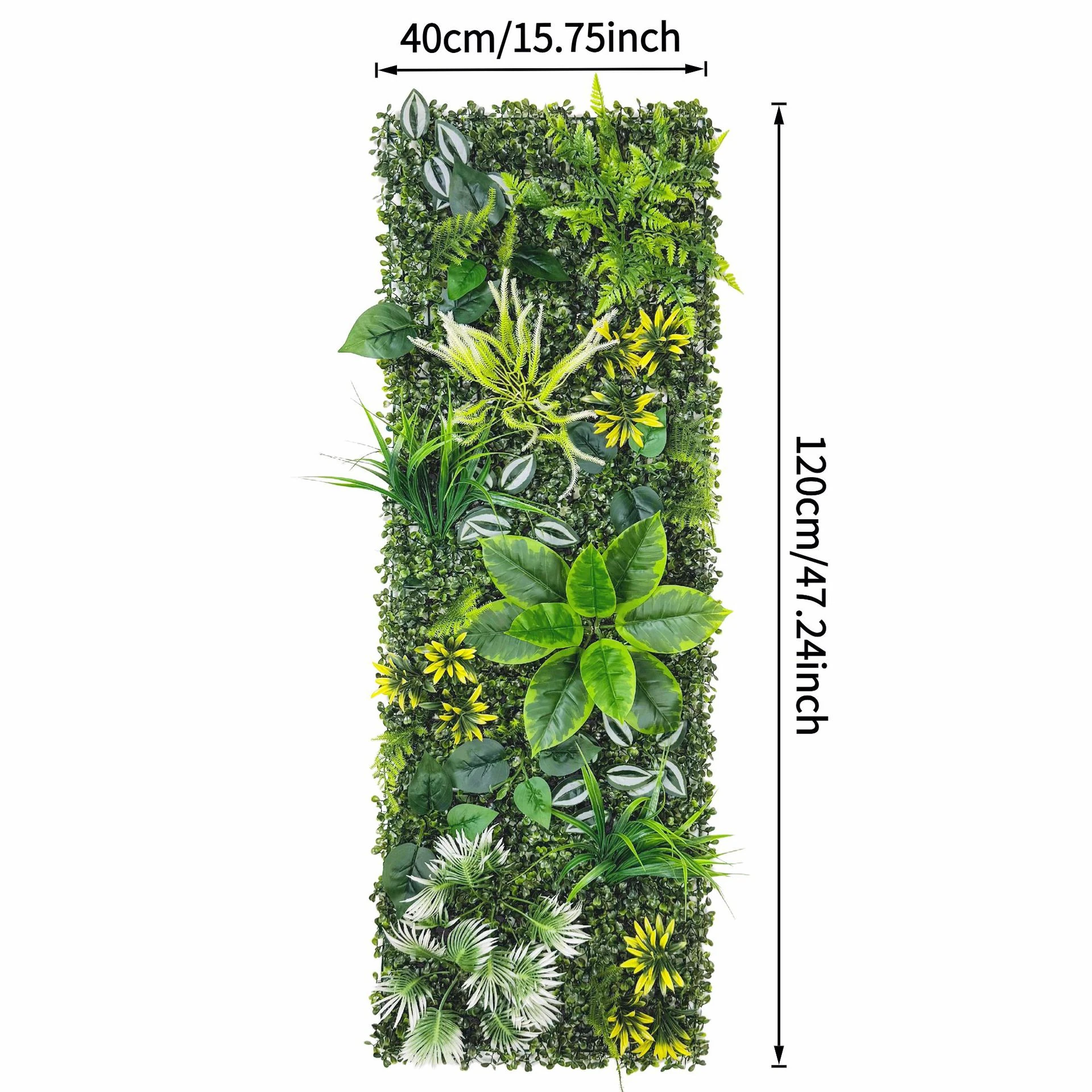 Size diagram for artificial vertical garden panel collection, fern mix