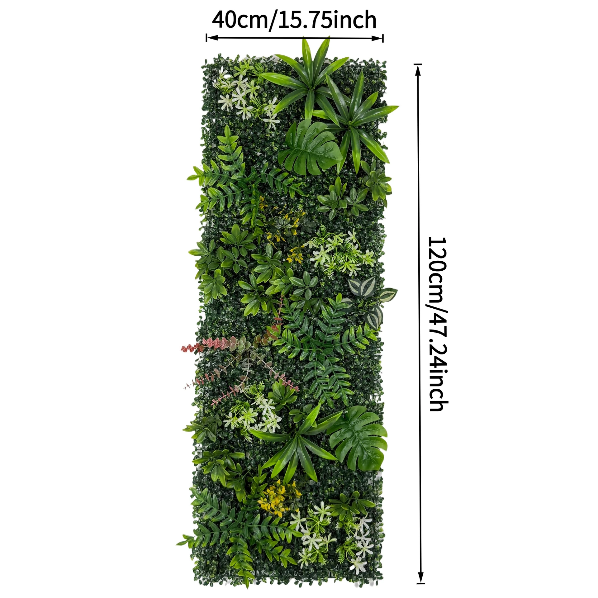 Size diagram for artificial vertical garden panel collection, fine leaf mix