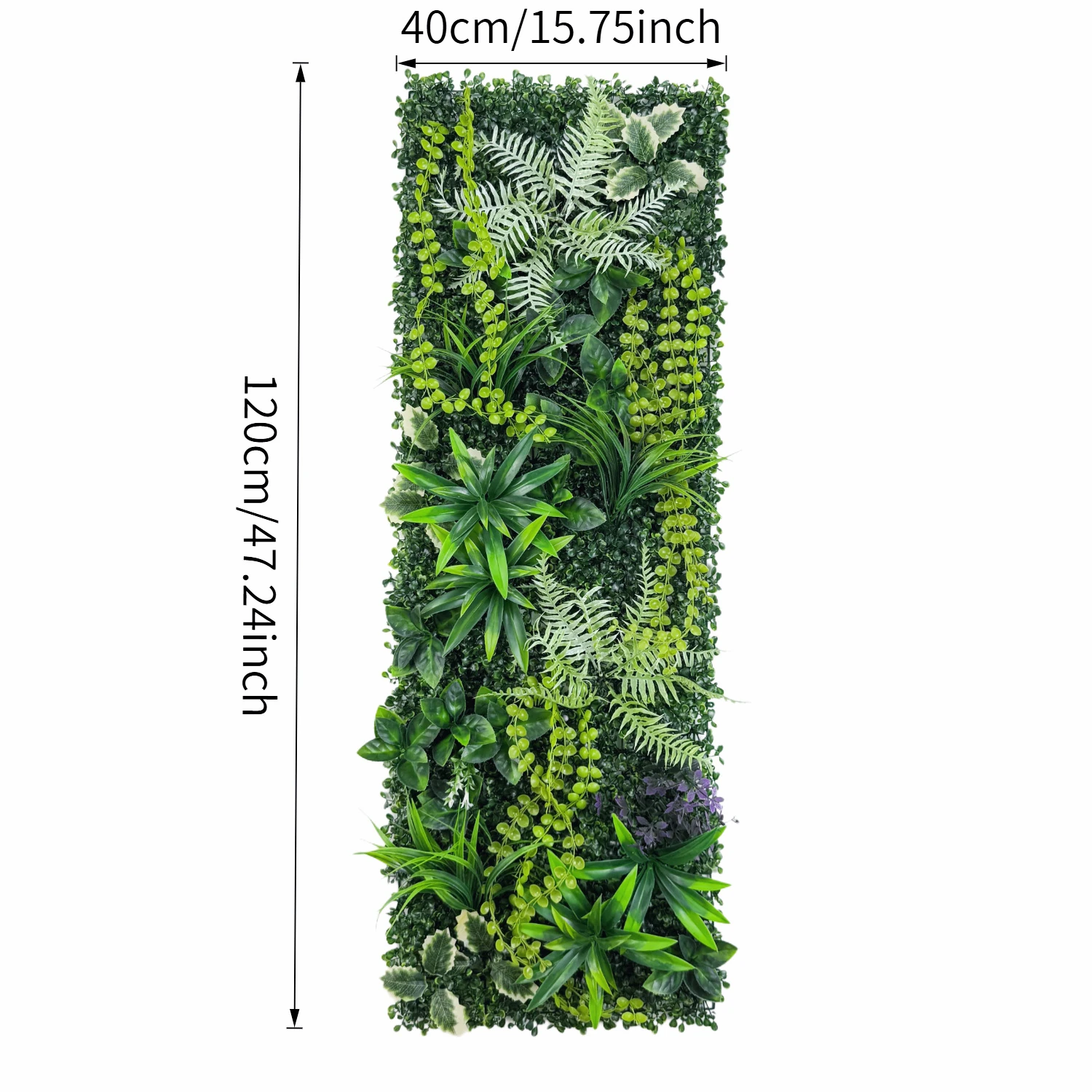 Size diagram for artificial vertical garden panel collection, layered fern mix