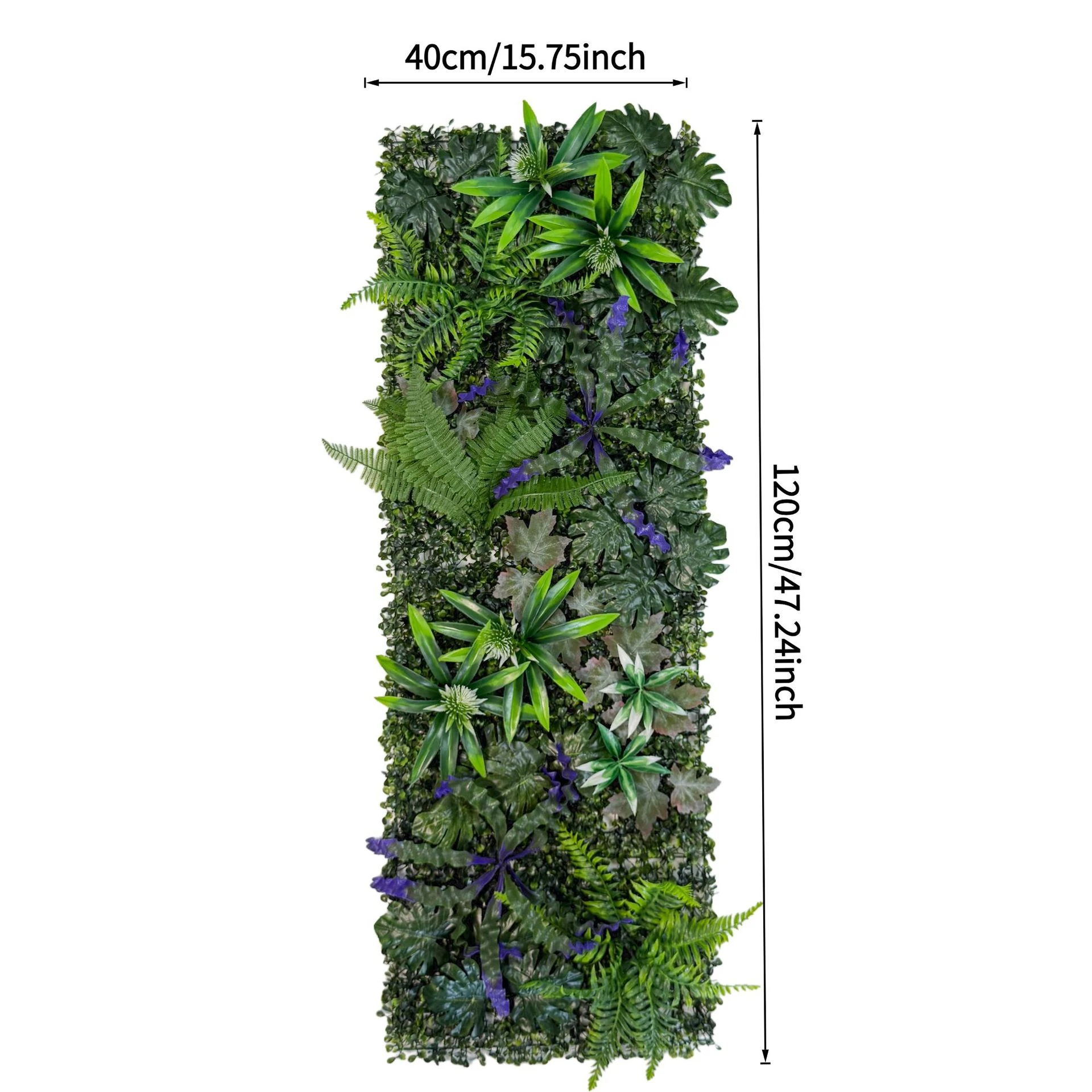 Size diagram for artificial vertical garden panel collection, mixed botanical mix