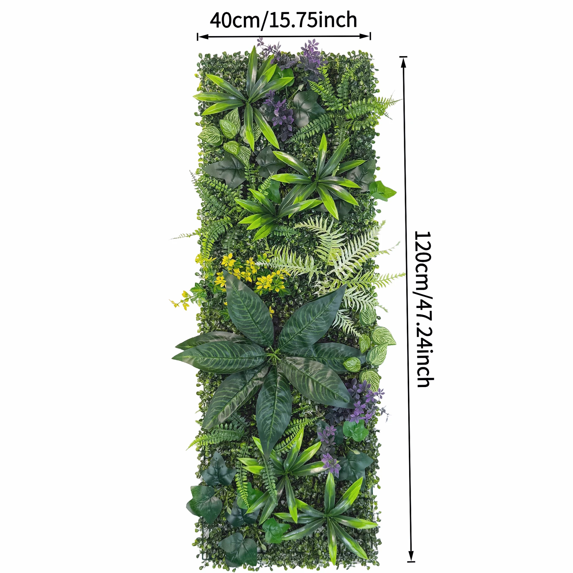 Size diagram for artificial vertical garden panel collection, monstera mix