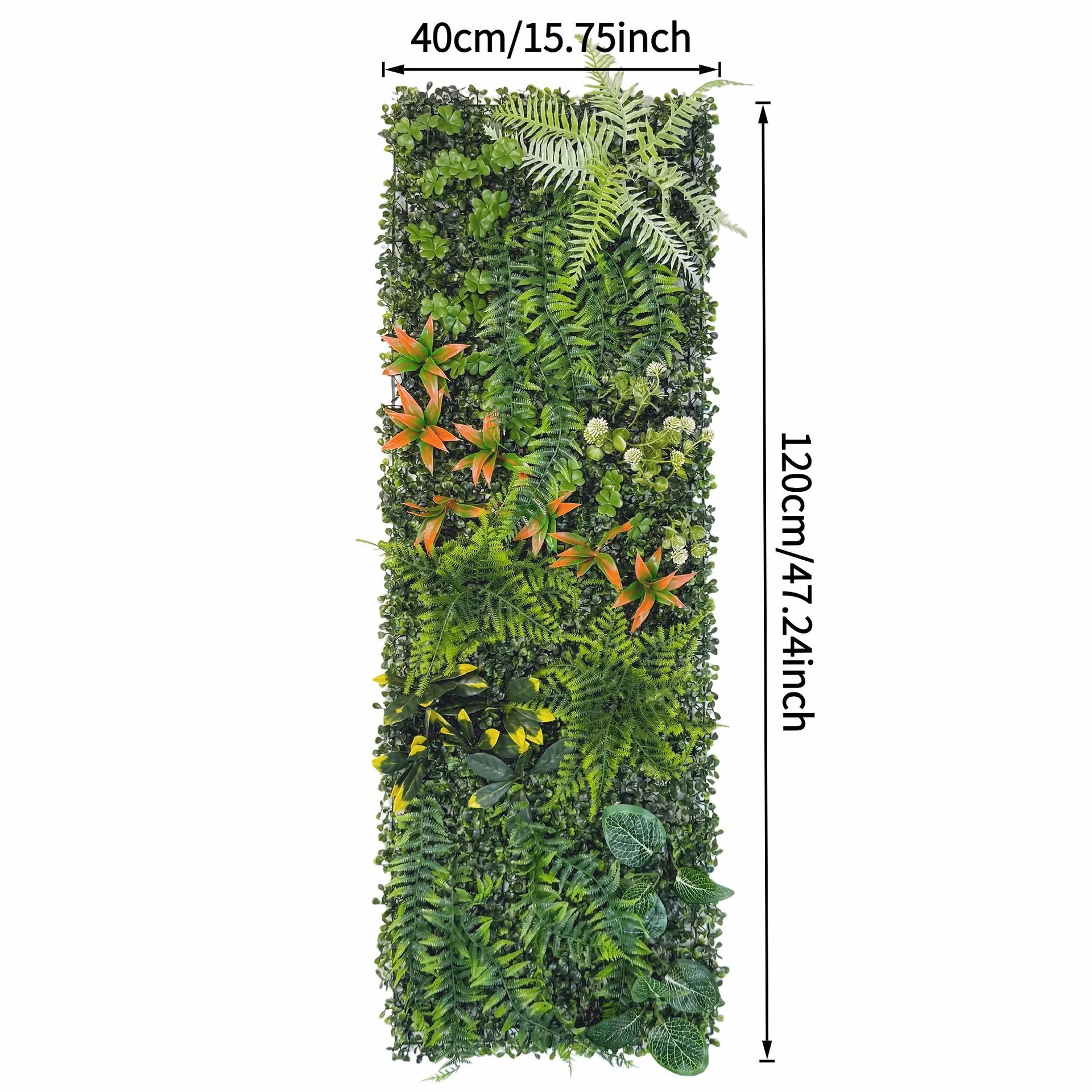 Size diagram for artificial vertical garden panel collection, moss accent mix