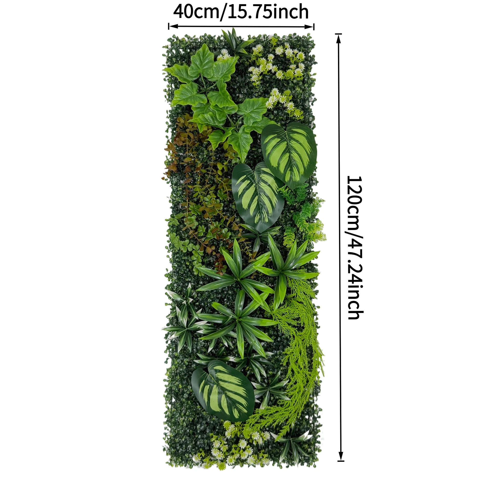 Size diagram for artificial vertical garden panel collection, purple accent mix