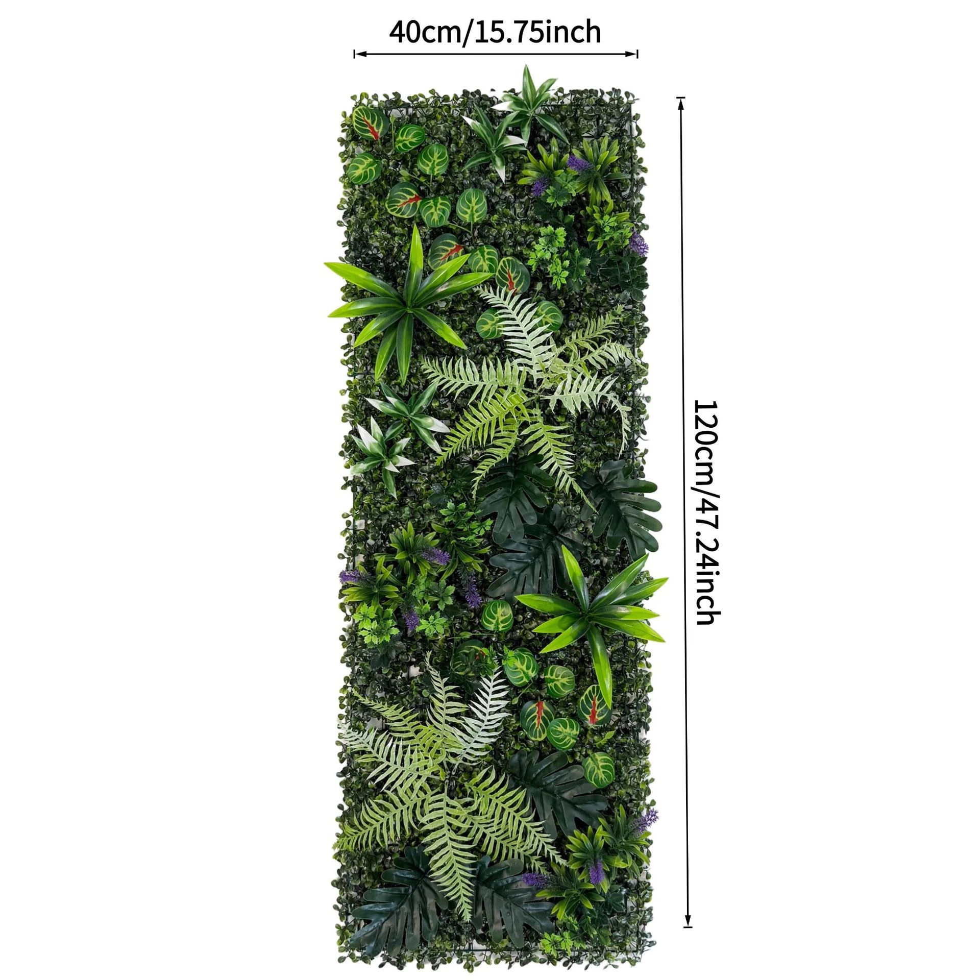 Size diagram for artificial vertical garden panel collection, purple fern mix