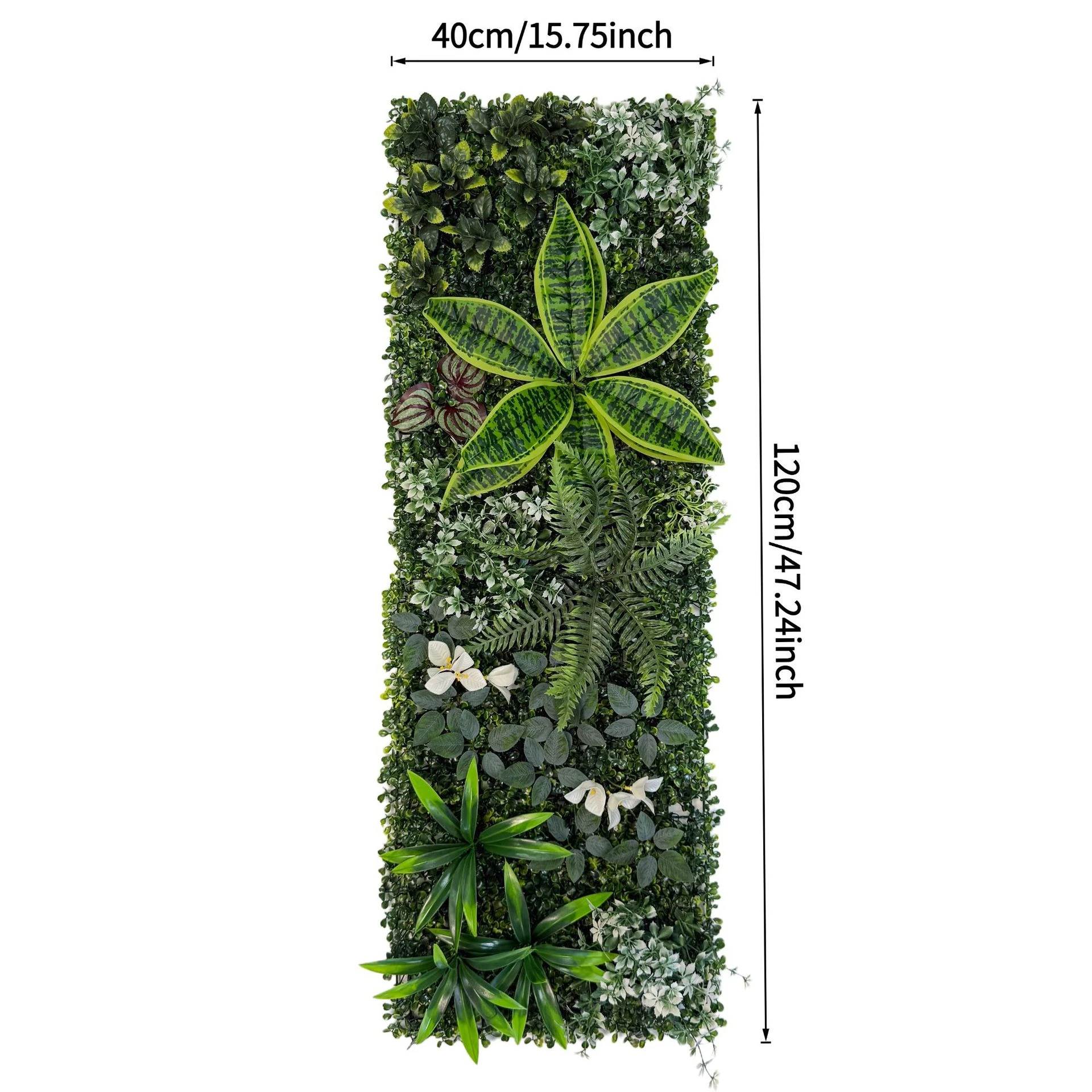 Size diagram for artificial vertical garden panel collection, snake plant accent