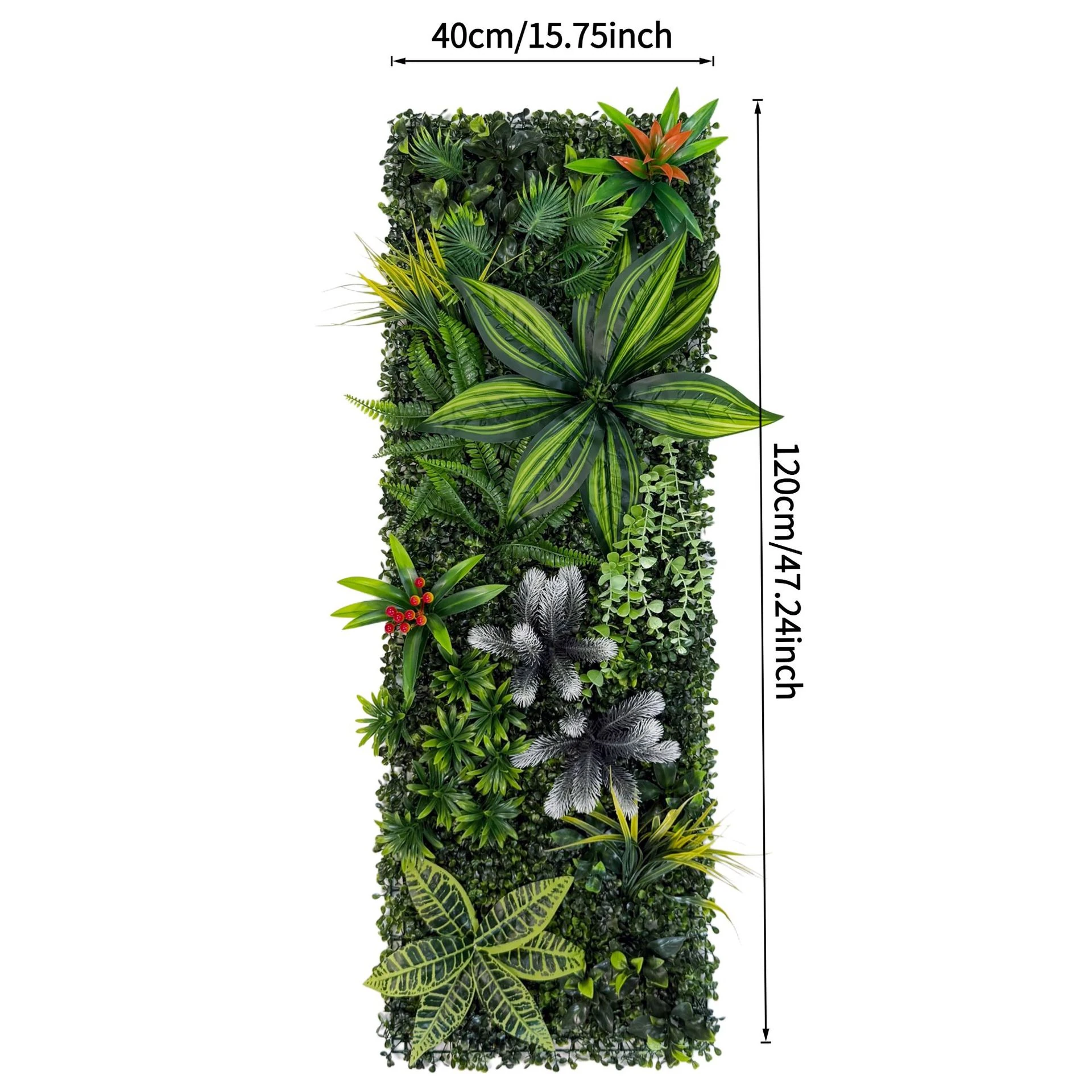 Size diagram for artificial vertical garden panel collection, tropical leaf mix
