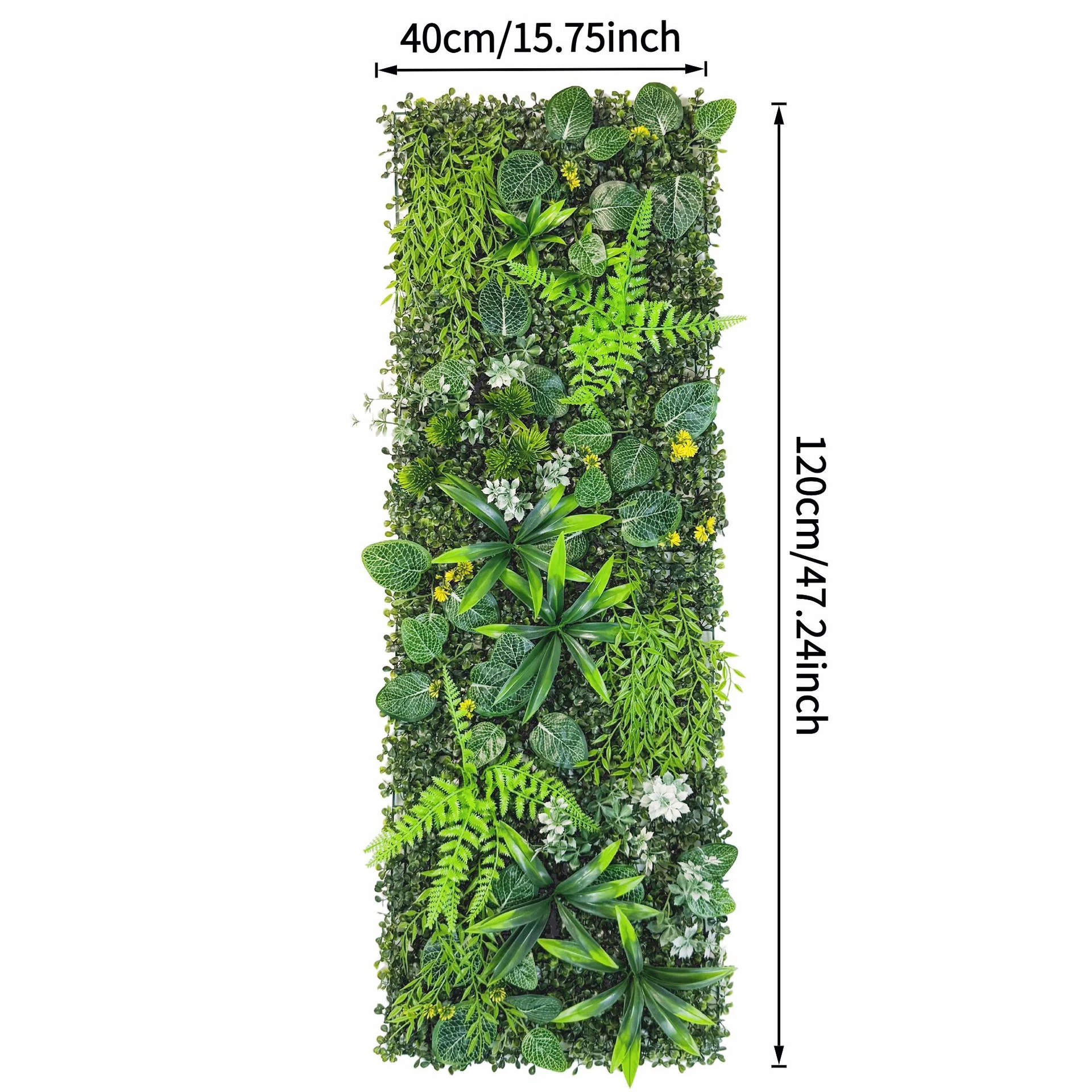 Size diagram for artificial vertical garden panel collection, variegated leaf mix