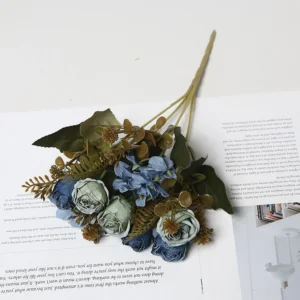 Blue artificial vintage rose mixed flower bouquet