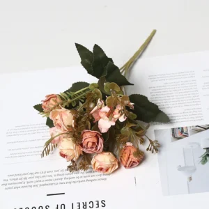 Peach artificial vintage rose mixed flower bouquet