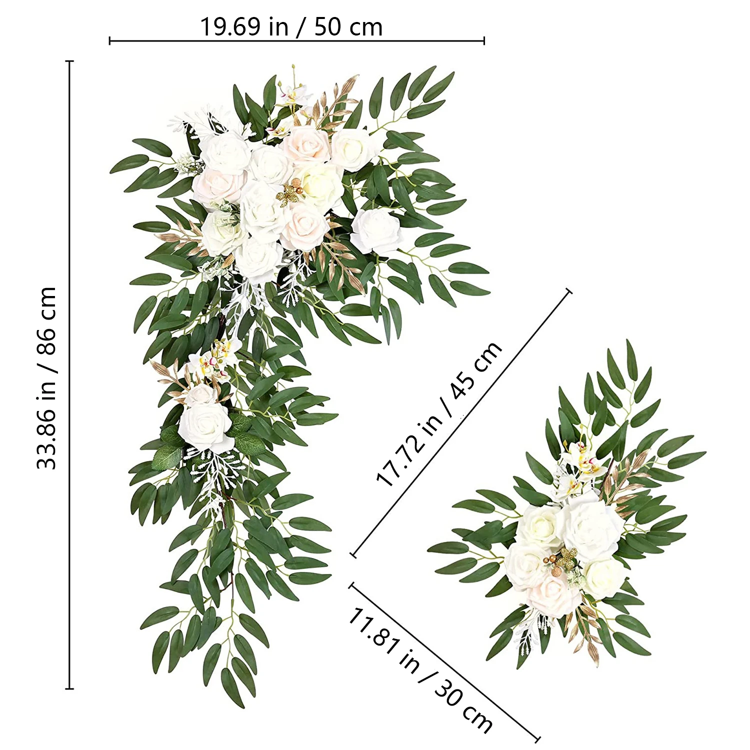 Size diagram for ivory artificial wedding arch floral swag set