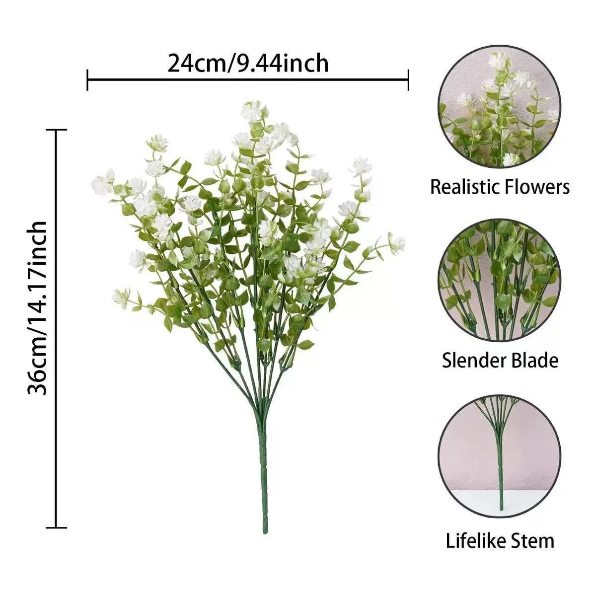 Size diagram for 36 cm artificial white mini flower bush with 24 cm spread