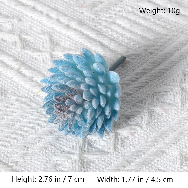 Size diagram for assorted blue artificial succulent picks, compact rosette